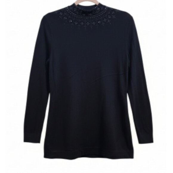 Tory Burch Merino Wool Beaded Tunic Top Black L Embellished V-Neck Long Sleeve - Picture 5 of 14